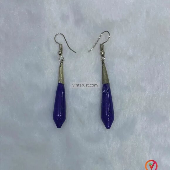 Minimalist Blue Stone Earrings: Lapis Lazuli Handmade Long Drop Earrings - Picture 2 of 4